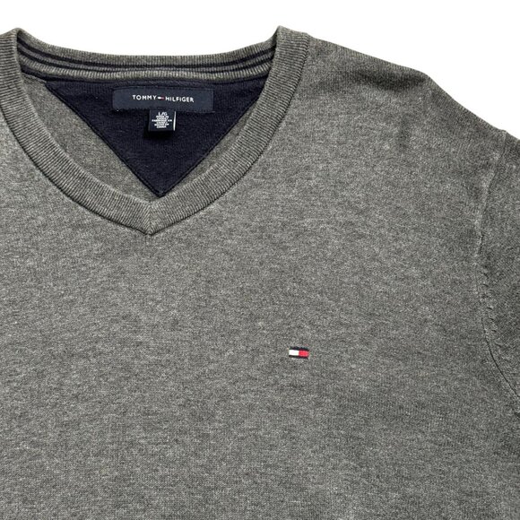 Tommy Hilfiger Jumper Tight Knit Melange V-Neck Pullover Sweater Gray Mens Large - Picture 4 of 6